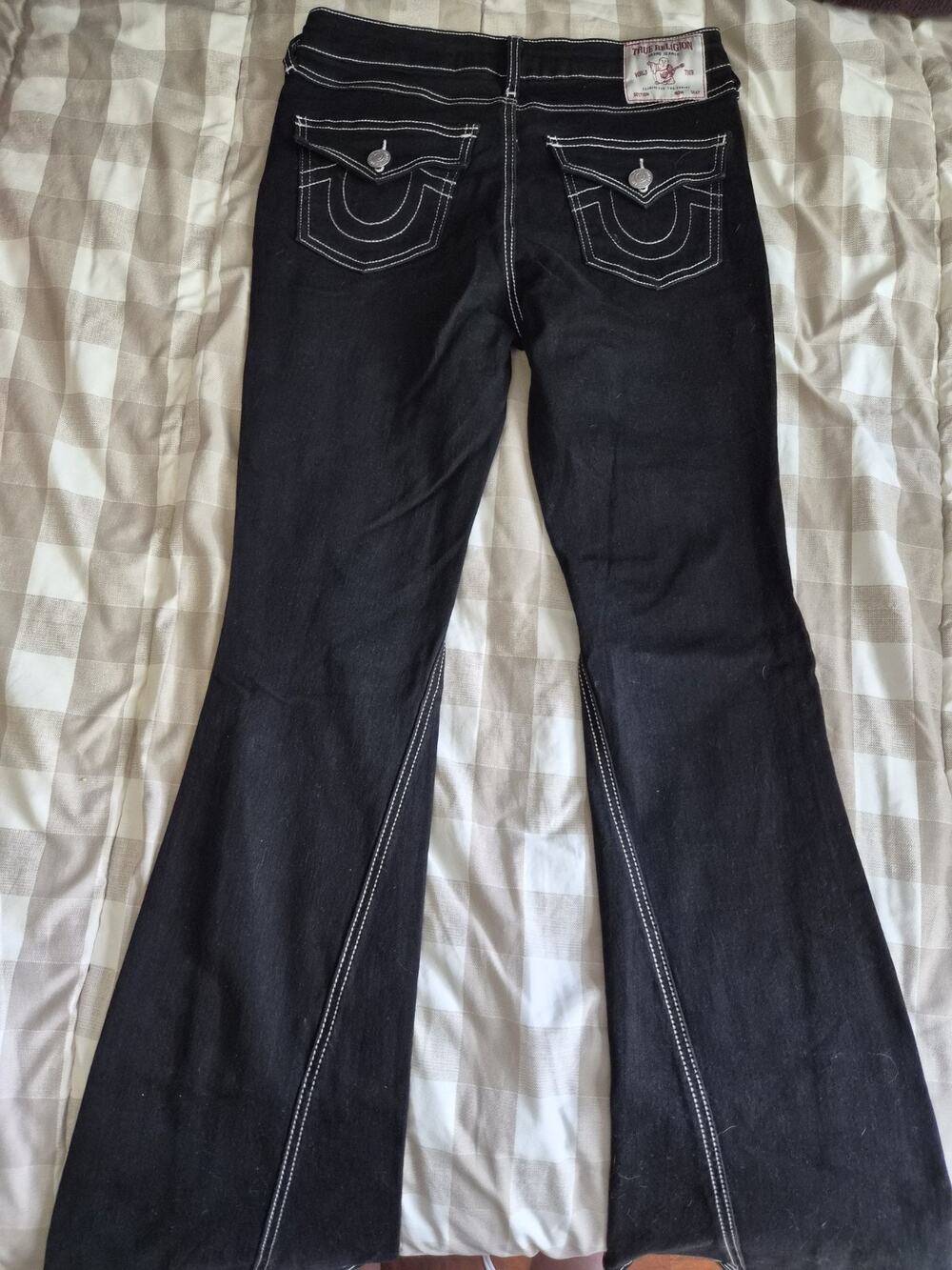 Size 27 True Religion Women's Joey Mid Rise Flare Jeans Black Denim White Stitch